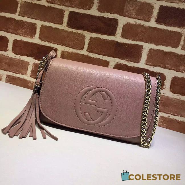 Gucci Soho Leather Flap Shoulder Bag Pink Gold Tassel 25cm - 1