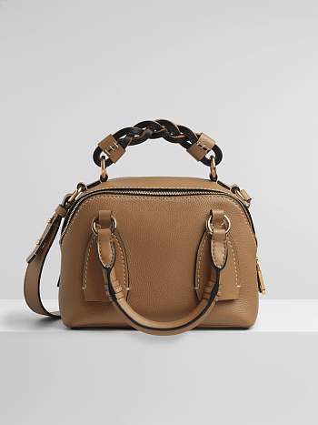 Chloe Mini Daria Chain Bag In Grained & Shiny Calfskin Brown CHC20 Size 22x9x18cm