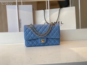 Chanel Classic Flap Bag Golden Chain In Blue Size 25cm