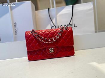 Chanel Classic Flap Bag Silver Chain In Red Size 25cm