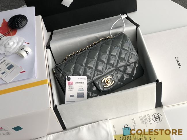 Chanel Mini Flap Bag Patent Leather In Grey 1116 20cm - 1