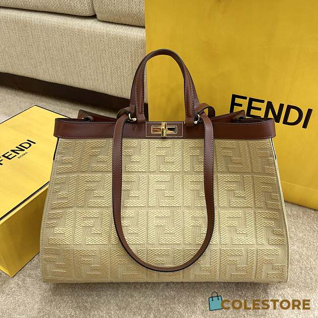 Fendi Peekaboo X-Tote Natural Embroidered Beige Straw Bag 8BH374 Size 41x16x21.5cm  - 1