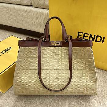 Fendi Peekaboo X-Tote Natural Embroidered Beige Straw Bag 8BH374 Size 41x16x21.5cm 