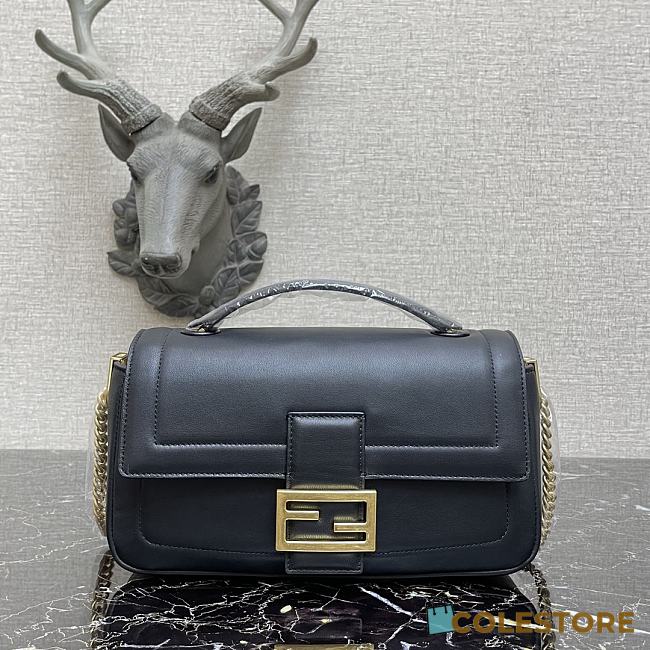 Fendi Baguatte Silver Chain Black Leather Bag 8BS01 Size: 27x6x13.5 cm - 1