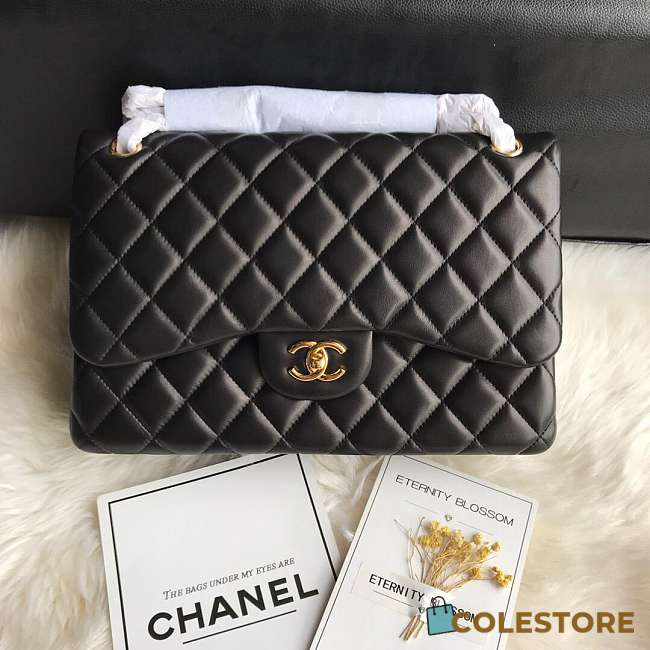  Chanel Large Classic Handbag Grained Calfskin Gold Black - 1