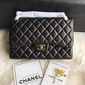  Chanel Large Classic Handbag Grained Calfskin Gold Black