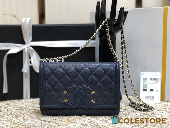 Chanel CC Filigree Chain Wallet Shoulder Bag In Dark Blue 19.5cm - 1