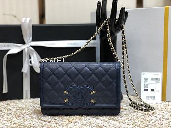 Chanel CC Filigree Chain Wallet Shoulder Bag In Dark Blue 19.5cm