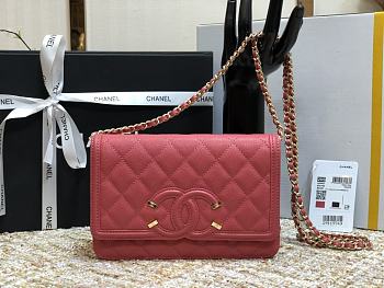Chanel CC Filigree Chain Wallet Shoulder Bag In Red 19.5cm