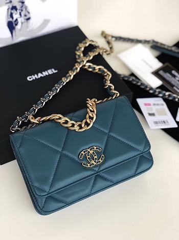 Chanel 19 Wallet On Chain With Blue Lambskin AP0957 Size 19cm