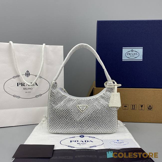 Prada Crystal Satin Mini Bag In White 1NE51 Size 22x12x6cm - 1