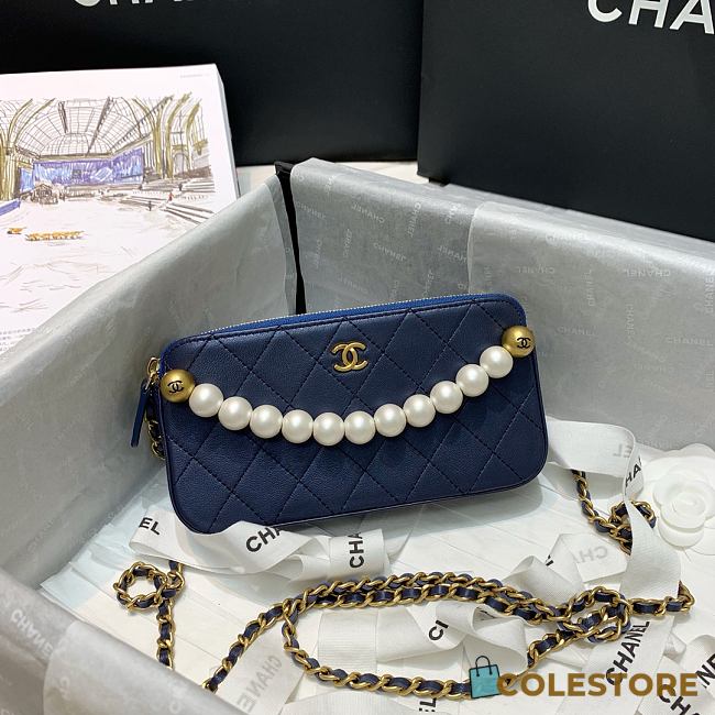 Chanel Double Zip Clutch Pearl Chain In Blue Size 19cm - 1