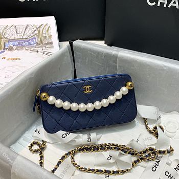 Chanel Double Zip Clutch Pearl Chain In Blue Size 19cm