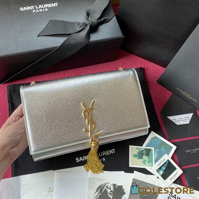 YSL Kate Chain Wallet With Tassel In Crinkled Metallic Leather 5055 - 1