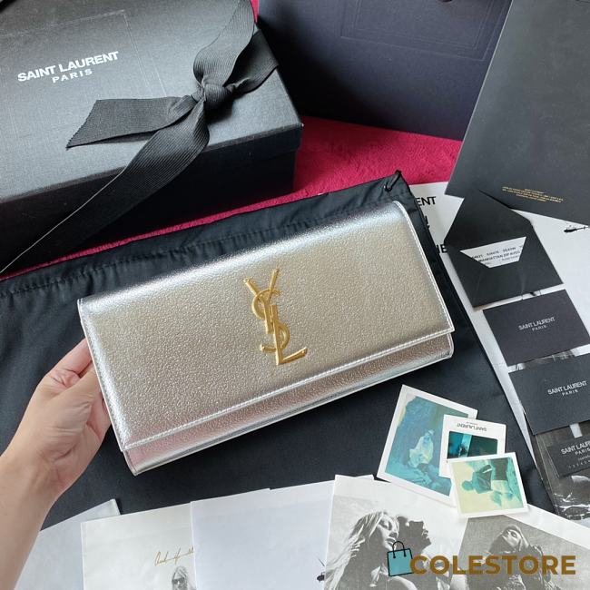 YSL Kate Clutch In Silver Grain De Poudre Embossed Leather 326079 Size 27cm - 1