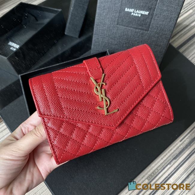YSL Tri-Fold Pebbled Purse In Red 65102 Size 13.5x9.5x3cm - 1