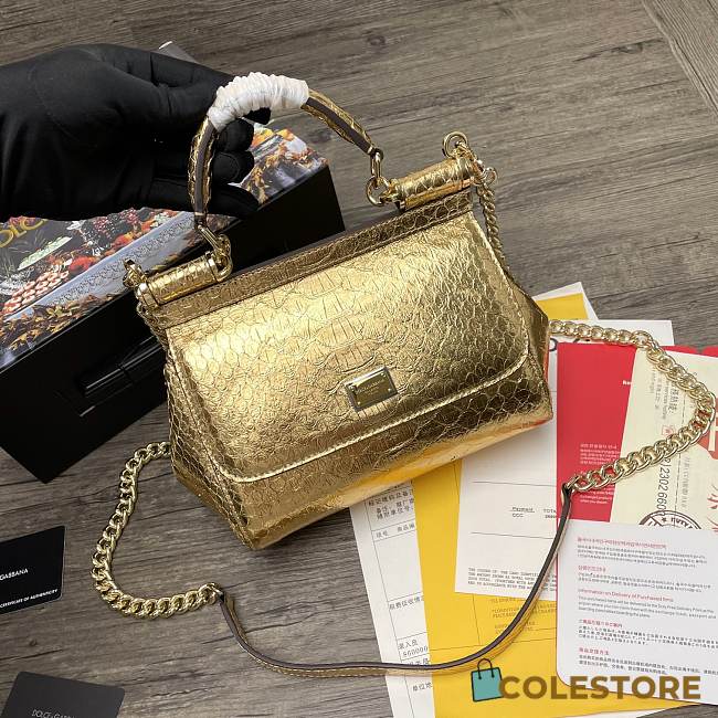 Dolce & Gabbana Sicily Tote Bag In Golden Snake Leather BB623 Size 20x9.5x14cm - 1