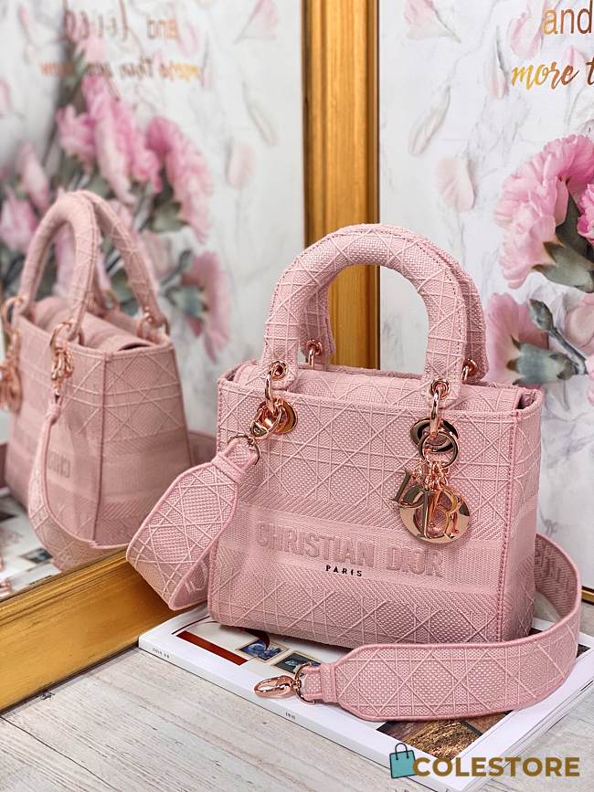Dior Medium Lady D-Lite Handbag Cane Embroidery In Pink Rose Gold M0565 Size 24x20x11cm - 1