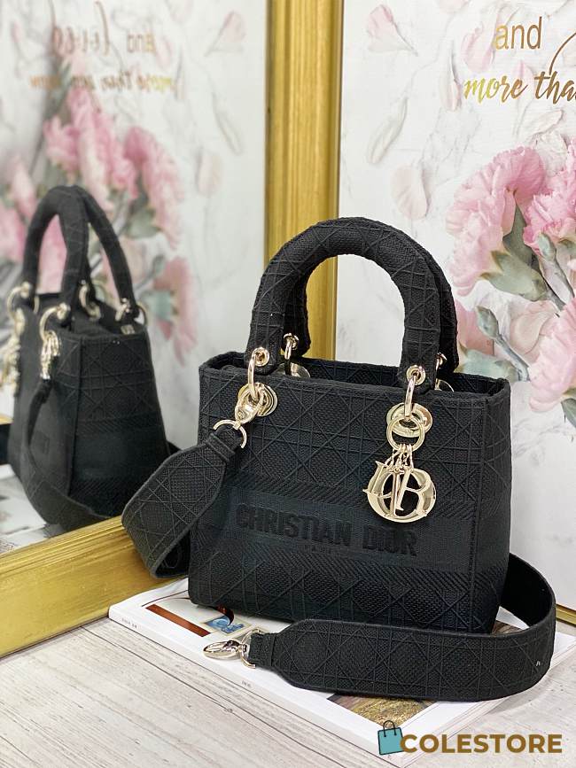 Dior Medium Lady D-Lite Handbag Cane Embroidery In Black Gold Buckle M0565 Size 24x20x11cm - 1