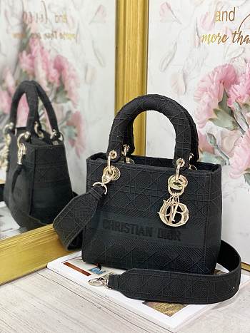 Dior Medium Lady D-Lite Handbag Cane Embroidery In Black Gold Buckle M0565 Size 24x20x11cm