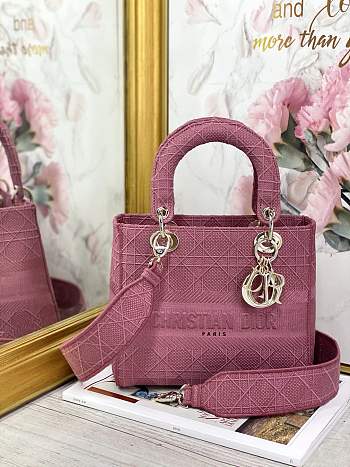 Dior Medium Lady D-Lite Handbag Cane Embroidery In Hibicus Pink Gold Buckle 24cm