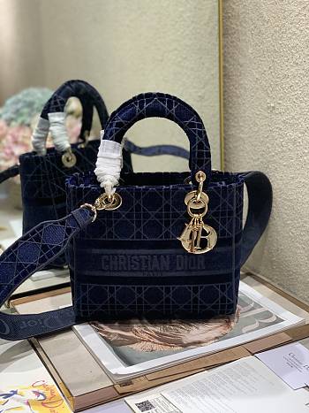 Dior Medium Lady D-Lite Handbag Cane Embroidery In Blue Gold Buckle 24cm