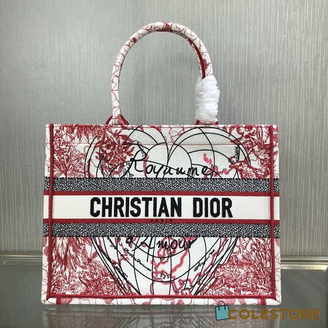 DIOR Book Tote Red and White D-Royaume d'Amour Embroidery 36.5cm - 1