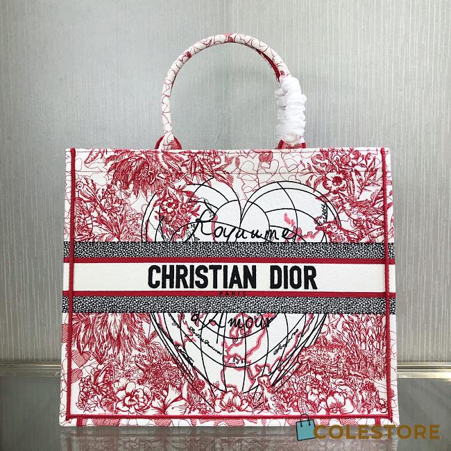 Dior Book Tote Red and White D-Royaume d'Amour Embroidery 41.5cm - 1