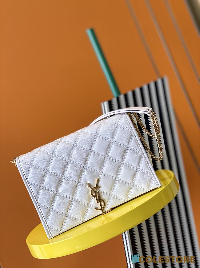 YSL Becky Chain Shoulder Bag In White Quilted Leather 65077 Size: 25x17x7cm - 1