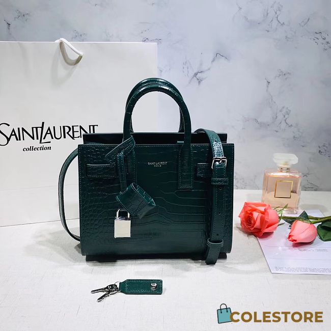 YSL Classic Sac De Jour In Green Crocodile Pattern Leather 22cm - 1