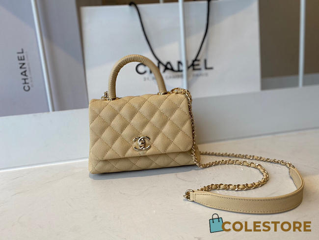 Coco Chanel Mini Hand Bag In Beige Calfskin Leather Size 13×19×9cm - 1