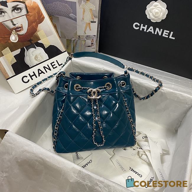 Chanel Bucket Bag Patent Leather In Blue Size 20.5x19x10.5cm - 1