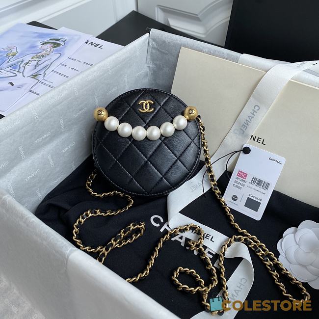 Chanel Pearl Round Clutch In Black Calfskin Quilted Leather AP0999 Size 12x12x4.5cm - 1