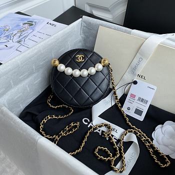Chanel Pearl Round Clutch In Black Calfskin Quilted Leather AP0999 Size 12x12x4.5cm