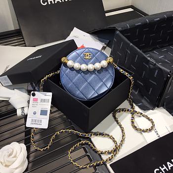Chanel Pearl Round Clutch In Blue Calfskin Quilted Leather AP0999 Size 12x12x4.5cm