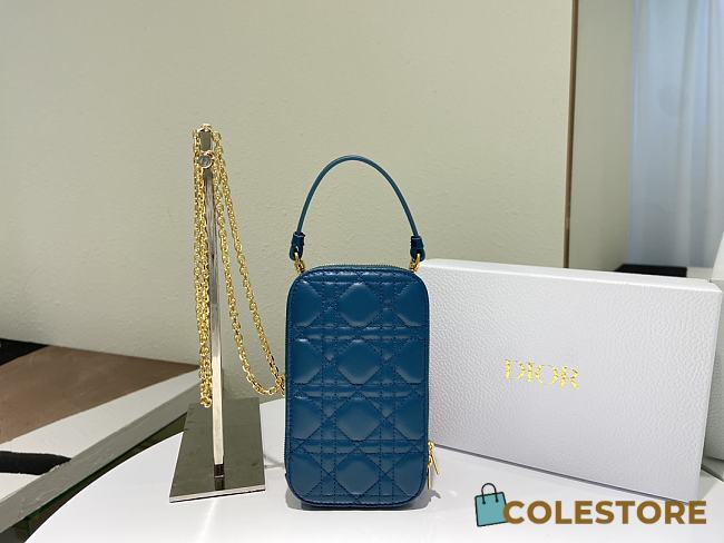 Lady Dior Phone Holder Cannage Lambskin In Blue S0872 Size 18x10.5x2.5cm - 1