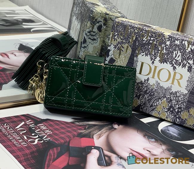 Lady Dior 5 Gusset Card Holder Green Patent Cannage Calfskin S0074 Size 10.5x 6x3 cm - 1