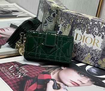 Lady Dior 5 Gusset Card Holder Green Patent Cannage Calfskin S0074 Size 10.5x 6x3 cm