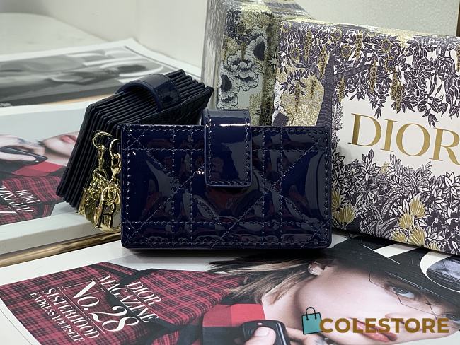 Lady Dior 5 Gusset Card Holder Blue Patent Cannage Calfskin S0074 Size 10.5x 6x3 cm - 1