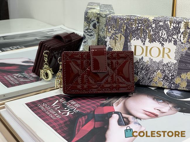 Lady Dior 5 Gusset Card Holder Wine Sky Patent Cannage Calfskin S0074 Size 10.5x6x3 cm - 1