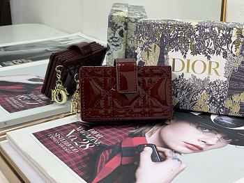 Lady Dior 5 Gusset Card Holder Wine Sky Patent Cannage Calfskin S0074 Size 10.5x6x3 cm