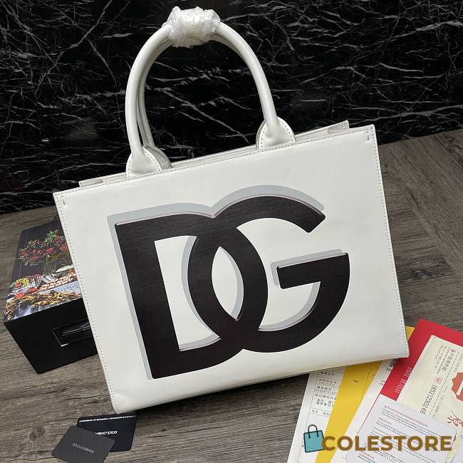 Dolce & Gabbana Embossed-Logo Leather Tote Bag In White BB702 Size 36x28.5x13cm - 1