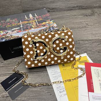 Dolce & Gabbana DG Girls Logo-Embellished In Brown Polka Dot Leather Shoulder Bag BI141 Size 21x5x13.5cm