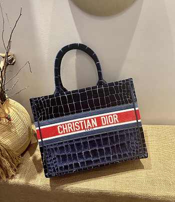 Dior Book Tote Bayadere In Blue Velvet Leather Size 41x32cm