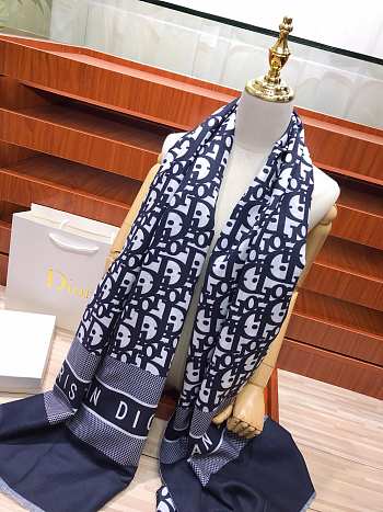 Dior Blue Oblique Scarf In Navy Blue Wool and Cashmere Knit 91CDO 