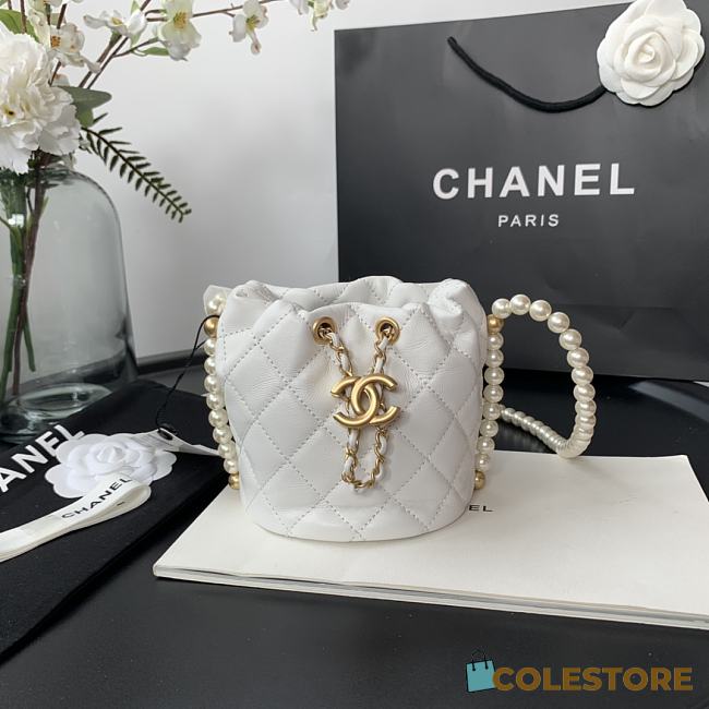 Chanel Mini Pearl Chain Drawstring Bag In White AS2529  - 1