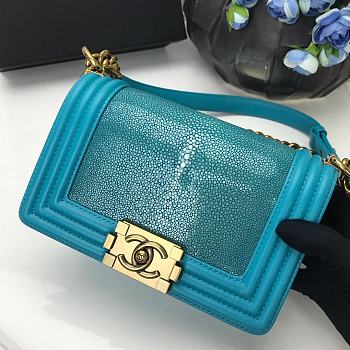 Chanel Flap Boy Bag Classic In Blue Pearl Fish Leather Size 20cm