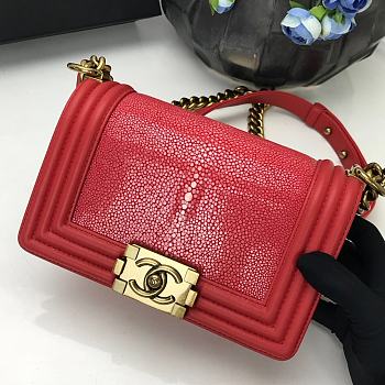 Chanel Flap Boy Bag Classic In Red Pearl Fish Leather Size 20cm