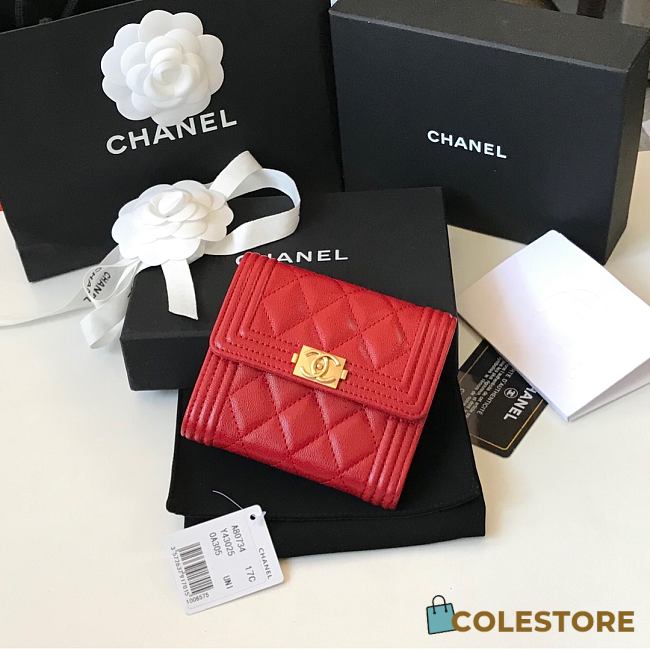 Chanel Wallet Red Calfskin Quilted Leather Silver-Tone A80374 Size 11cm - 1