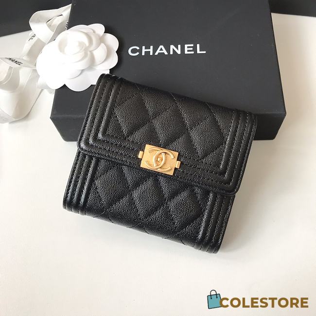 Chanel Wallet Black Calfskin Caviar Leather Gold-Tone A80374 Size 11cm - 1